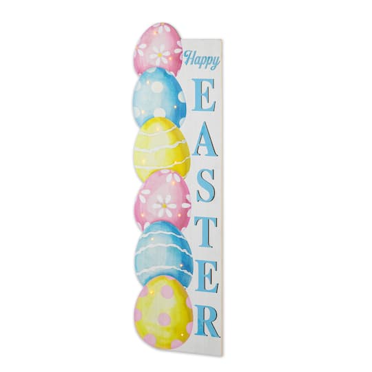 Glitzhome® 42" Lighted Wooden Stacked Eggs "Happy Easter" Porch Sign with Timer in Light Blue | 11.75" x 0.5" x 42" | Michaels®